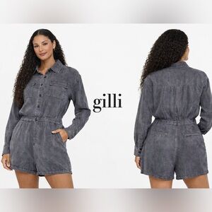 Gilli Black Acid Wash Long Sleeve Romper Size Large Button Front Utility Shorts